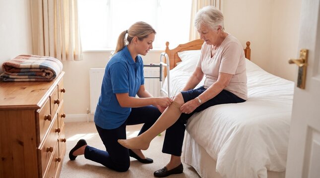 Caregiver assisting senior woman with compression stockings