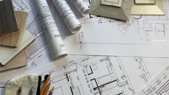Architecture blueprint, rolled plans, clipboard and color samples, residential renovation planning, interior design workflow, architect workspace flat lay.