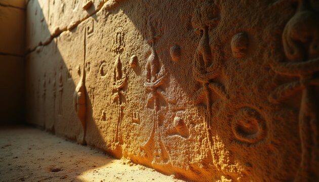 Ancient stone wall with carved symbols. Stone relief in temple interior with light beam. Old masonry texture with weathered patterns, mysterious history.