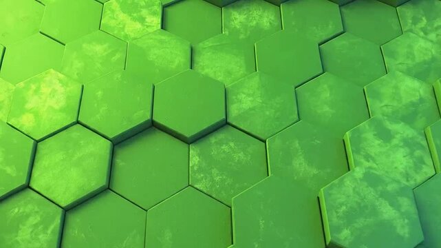 Abstract green hexagonal pattern with textured 3D geometric surfaces