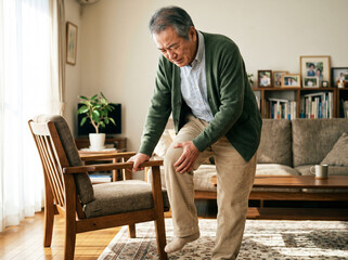 Fototapeta premium Senior Asian Man Suffering From Knee Pain While Standing at Home