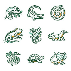 Set of Reptile Icons: Chameleon, Alligator, Snake, Iguana, Lizard, Turtle, Monitor © Candra