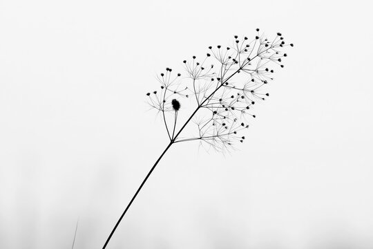 Black and white silhouette of a plant with small flowers and thin stem against a light background