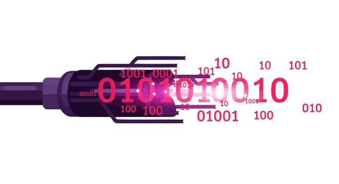 Digital Data Flow Vector Illustration: Binary Code Emerging from High-Speed Fiber Optic Cable on White Background