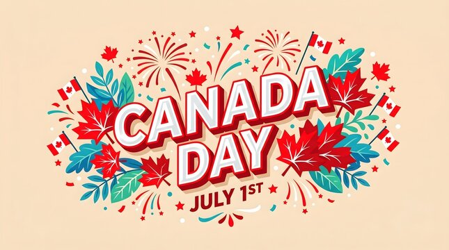 Happy canada day celebrations on july 1st with maple leaves and fireworks