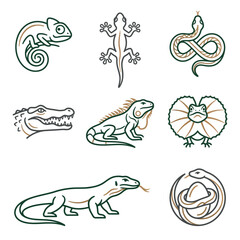 Set of Reptile Icons: Chameleon, Lizard, Snake, Crocodile, Iguana, Komodo Dragon, Frilled Lizard © Candra