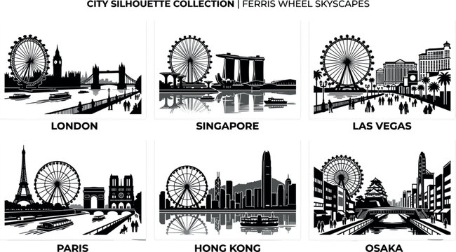 Global City Skyline Silhouette Vector Illustration Set Featuring Ferris Wheels and Famous Landmarks of London Singapore Las Vegas Paris Hong Kong and Osaka