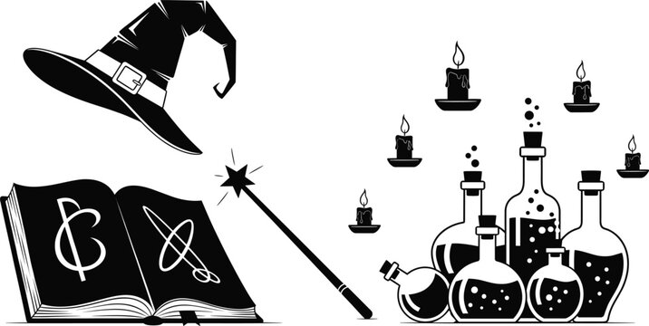 Halloween magic potion bottles and witch hat with spell book and wand, spooky alchemy laboratory concept, black and white vector illustration