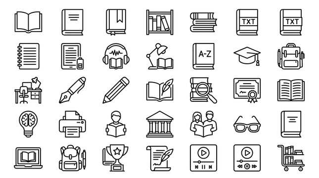 Set of 30 book outline icons vector collection with editable stroke for reading education and library concepts