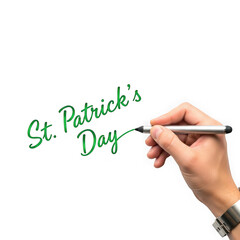 Fototapeta premium Hand holding stylus writing St. Patrick's Day on transparent