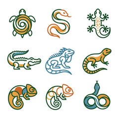 Set of stylized reptile icons: turtle, snake, lizard, alligator, iguana, chameleon © Candra
