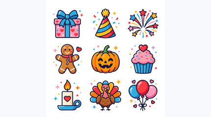 Fototapeta premium Set of colorful holiday and celebration doodle icons for festive design.