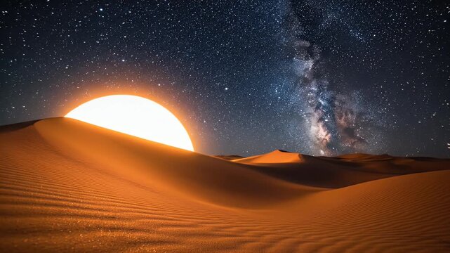 A vibrant sunset illuminates rolling desert dunes under a vast, star-filled night sky