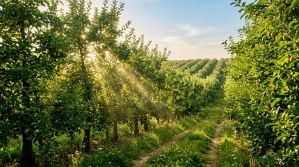 Fototapeta premium Sunlit Orchard Rows with Blooming Trees and Rays of Light
