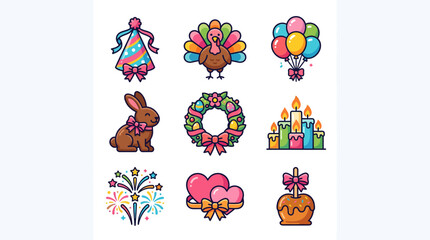 Fototapeta premium Set of colorful holiday and celebration icon illustrations.