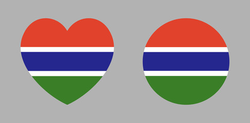 Obraz premium Gambia round, heart flag sticker. Circular symbol. Set of heart, circle button, banner, icon. National flag sign background. National Gambia flag badge.