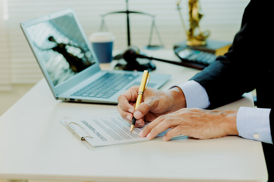 Friendly attorney double-checking international business compliance and retainer contract details.