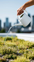 Naklejka premium Green roof watering, plain can pouring water over rooftop plant, urban skyline bokeh, sustainable infrastructure, climate adaptation, eco building maintenance.