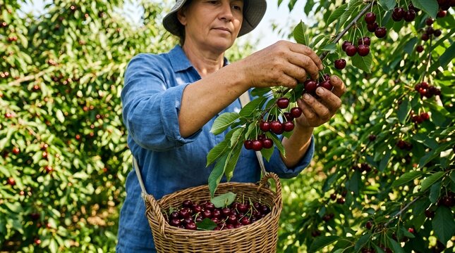 Woman harvesting ripe cherries from tree into basket, summer orchard