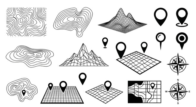Topographic map contours and 3D wireframe terrain icons, Graphic set illustrating geographic mapping elements, consisting of topographic contour lines, 3D mesh wireframe mountains, grid maps