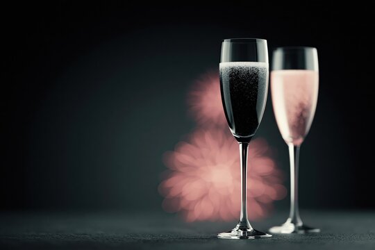 Celebration with two glasses of sparkling drinks and fireworks in the background at a night event