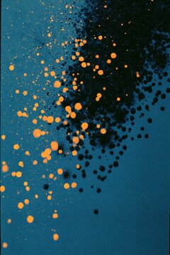Bright dots and dark shades create a detailed pattern on a blue background in an abstract style