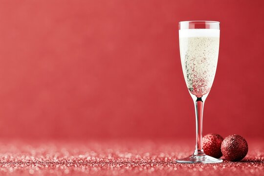 Sparkling drink in a glass with red decorations placed on a table during a festive celebration