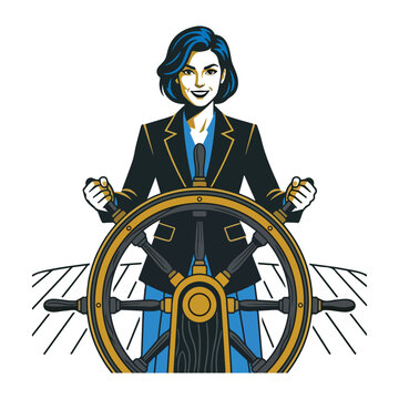 Professional Business Woman Steering A Wooden Ship Wheel Illustration In A Vintage Comic Style