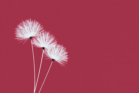 Three dandelion seeds on thin stems with a solid red background showing a simple design