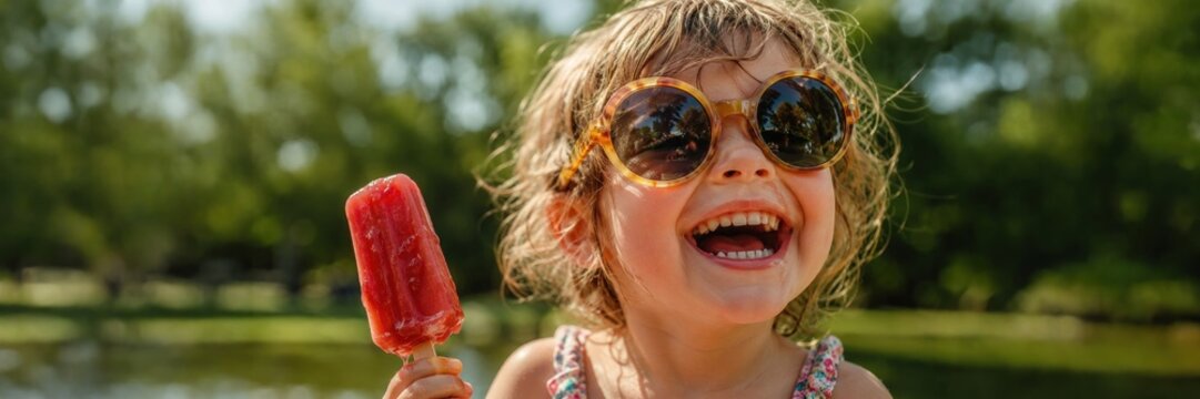 Laughing child with sunglasses enjoying popsicle in green park, summer, childhood, leisure, sweet treat