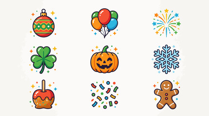 Obraz premium Set of colorful holiday and seasonal celebration icons.
