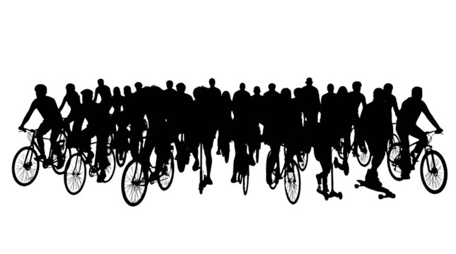 Group of people riding bicycles together in a large crowd isolated on transparent background, Vector