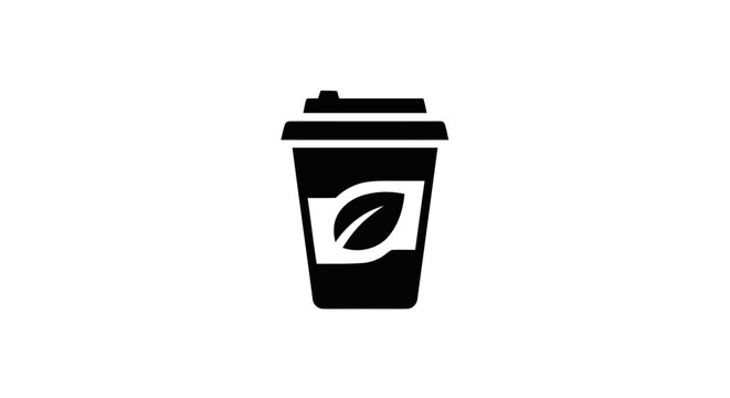 Black coffee cup with leaf logo.