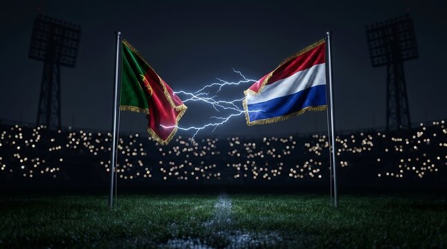portugal vs netherlands flags with lightning stadium