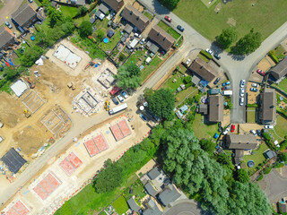 Interesting drone UAV view of a small housing development seen in early summer in Cambridgeshire, UK. © Nick Beer