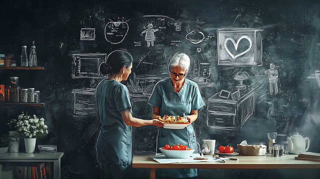 Two nurses preparing food in a hospital kitchen with medical drawings