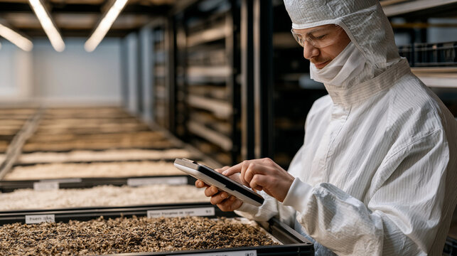 Black soldier fly breeding module interior showing larvae at varying life cycle stages across labelled cultivation trays, an insect protein facility researcher in full protective