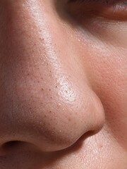 Fototapeta premium Closeup of human nose with visible skin pores and blackheads on natural skin texture
