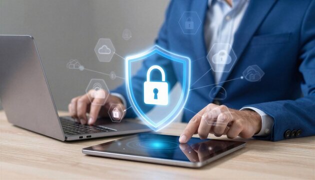Cyber security professional using futuristic technology on laptop and digital tablet in home office.