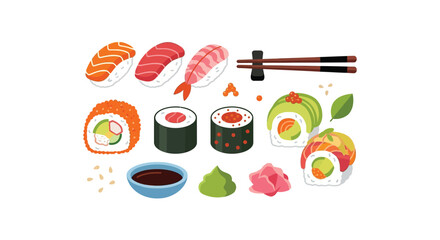 Assorted sushi rolls and ingredients colorful vector illustration silhouette nigiri © vect roy