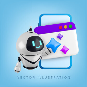 Vector cartoon 3d mobile browser AI bot banner. Render of robot, website page, artificial intelligence sparkling stars sign on smartphone screen. Smart digital assistant, chatbot coding illustration.