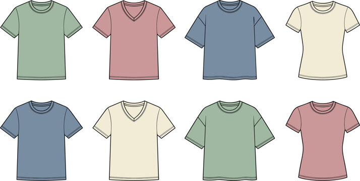Blank T Shirt Mockup Vector Set in Various Muted Neutral Colors Featuring Crewneck V Neck and Oversized Fit Technical Fashion Templates