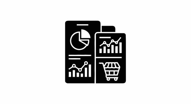 Black icons of graphs and charts.