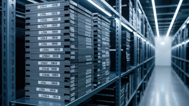 A data center with rows of metal shelves filled with LTO tapes labeled with various identifiers.