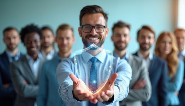Man holds glowing shield protecting group of diverse professionals. Team looks forward with confidence. Business concept for security, safety, and support.