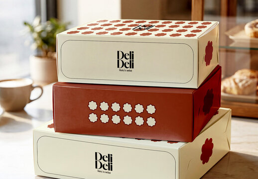Bakery Box Packaging Mockup Stack in Cafe