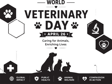 World veterinary day poster design with animal silhouettes and medical icons