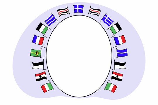 Vector graphic illustration of various international flags arranged around a central oval frame for global business or travel themes in a modern design style