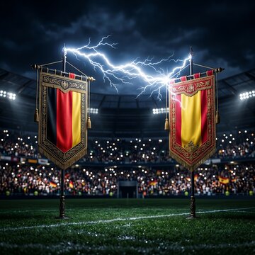 belgium vs spain flags on soccer field with lightning