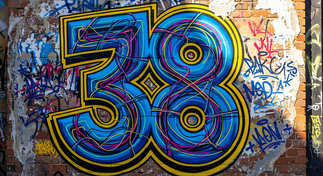 Vibrant blue and yellow graffiti art of the number 38 on a weathered brick wall with other tags.